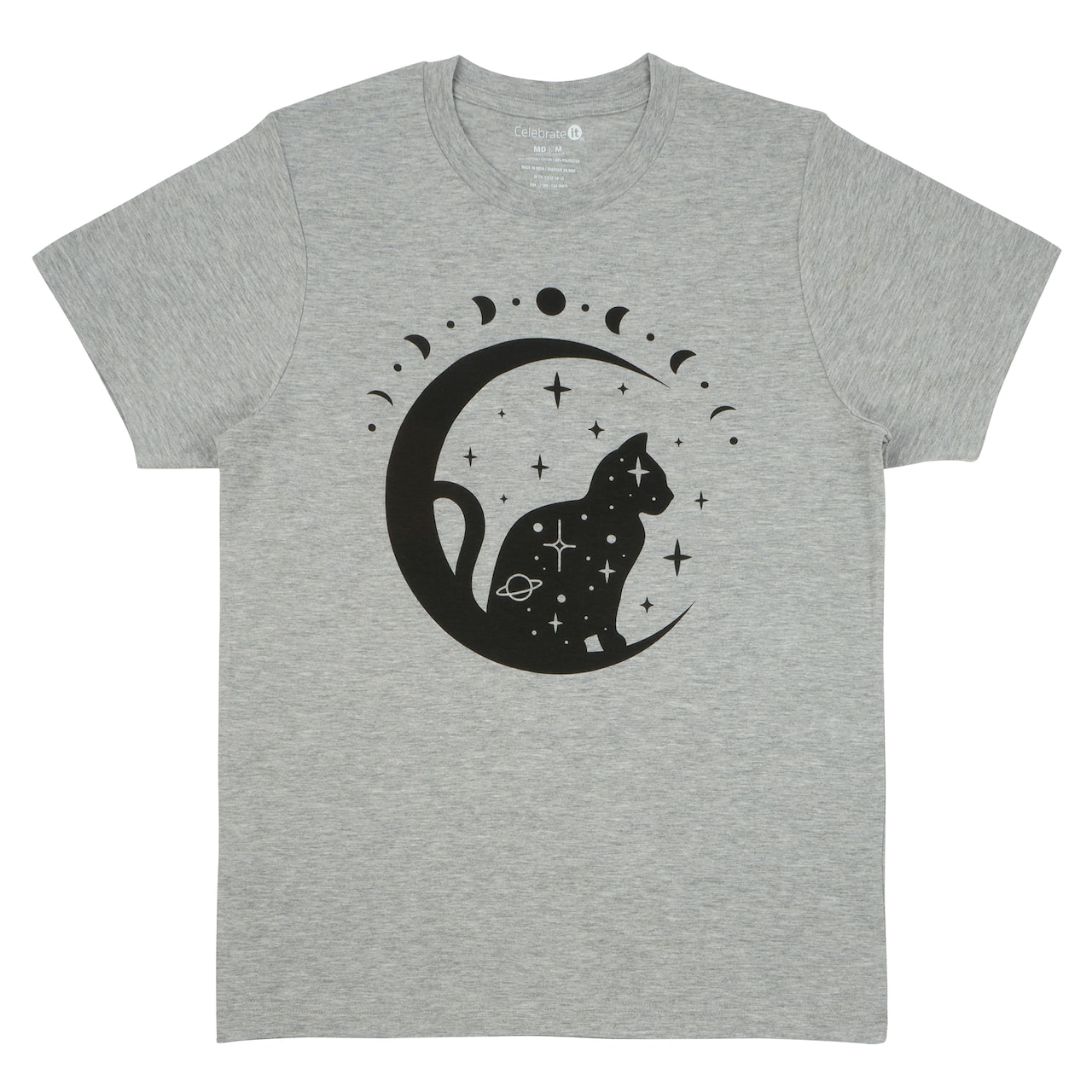 Gray Cat & Moon Magic Adult Crew Neck T-Shirt by Celebrate It™